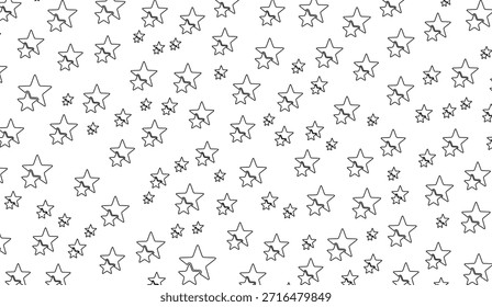 Stars Pattern Black and White Outlines Various Sizes Scattered Elements Design Ideal for Backgrounds and Festive Celebrations perfect to add a touch of magic