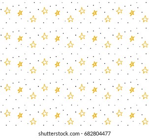 Stars pattern with hand drawn doodles. Yellow stars on white background.