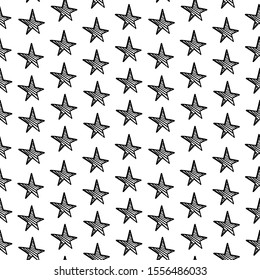 Stars pattern. Hand-drawn doodle stars on white background. Seamless vector backdrop. Black and white.