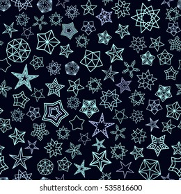Stars Pattern. Seamless background from shiny design elements. Starry sky. Rich celestial ornament. Sparkling space. For childrens bedroom decoration, wallpaper, furniture fabric, gift paper.