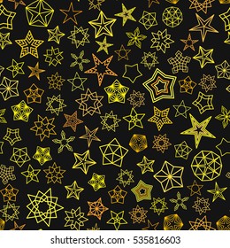 Stars Pattern. Seamless background from shiny design elements. Starry sky. Rich celestial ornament. Golden sparkling space. For childrens bedroom decoration, wallpaper, furniture fabric, gift paper.