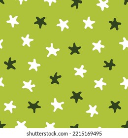 Stars pattern. Seamless vector illustration. Green and white elements on a light green background. Great for backdrop decoration, cards, wallpaper, textiles, fabric, wrappers, additions to the design.
