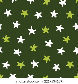 Patrón de estrellas. Ilustración vectorial sin inconvenientes. Elementos claros y blancos sobre un fondo verde. Ideal para decoración de fondo, tarjetas, papel pintado, textiles, tela, envolturas, adiciones al diseño.