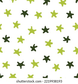 Patrón de estrellas. Ilustración vectorial sin inconvenientes. Elementos verde claro y verde sobre un fondo blanco. Ideal para decoración de fondo, tarjetas, papel pintado, textiles, tela, envolturas, adiciones al diseño.
