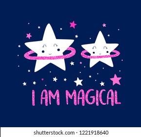 Stars pattern vector and I am magical slogan.