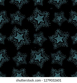 Stars pattern, vector seamless background. Decorative illustration, good for printing.  
Blue stars wallpaper vector on black background. Great for label, print, packaging, fabric.