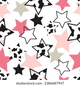 Stars pattern. Vector seamless background with pink and black stars and cow print