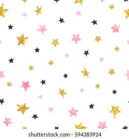 Stars pattern. Vector seamless background with watercolor pink and glittering golden stars.