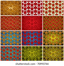 Stars patterns. Set of multicolored pentagonal stars vector backgrounds.