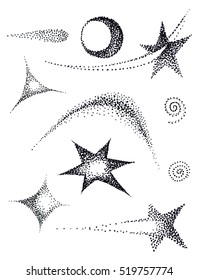 Stars pen points three, four, five, six rays with comet tails on a white background