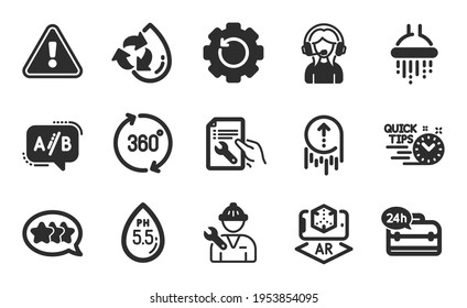 Stars, Ph neutral and Augmented reality icons simple set. Quick tips, Repairman and Recycle water signs. 360 degrees, Support and Recovery gear symbols. Swipe up, 24h service and Shower. Vector