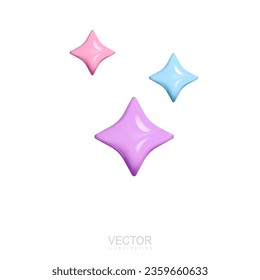 Stars pink, blue, purple colors. Realistic 3d design In plastic cartoon style, isolated on white background. Vector illustration