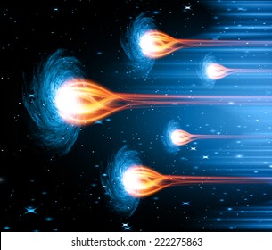 Stars of a planet and galaxy in a free space. meteor, meteorite, fire on blue background.