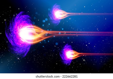 Stars of a planet and galaxy in a free space. meteor, meteorite, fire on blue background. 