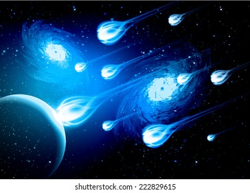 Stars of a planet and galaxy in a free space. meteor, meteorite, fire on dark blue background. 