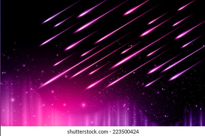 Stars of a planet and galaxy in a free space. meteor, meteorite, fire on dark pink background. 
