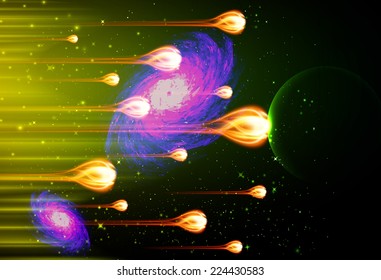 Stars of a planet and galaxy in a free space. meteor, meteorite, fire on dark yellow green background. 