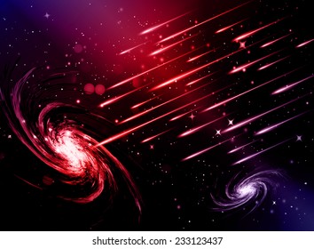Stars of a planet and galaxy in a free space. meteor, meteorite, dark blue red background. 