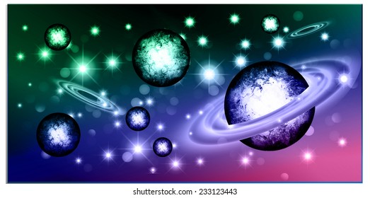 Stars of a planet and galaxy in a free space. meteor, meteorite, dark blue green pink background. 