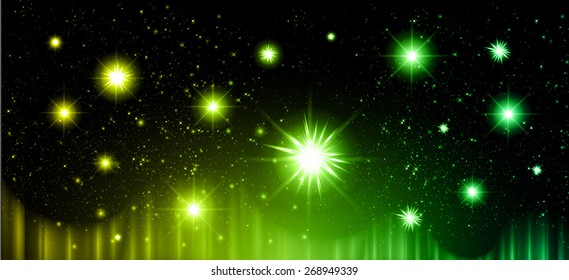 Stars of a planet and galaxy in a free space. meteor, meteorite, fire on dark yellow green background. Universe.