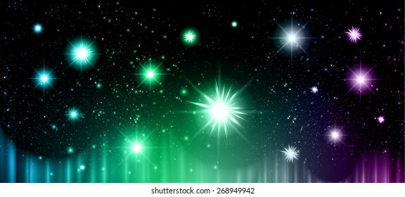 Stars of a planet and galaxy in a free space. meteor, meteorite, fire on dark Purple green blue background. Universe.