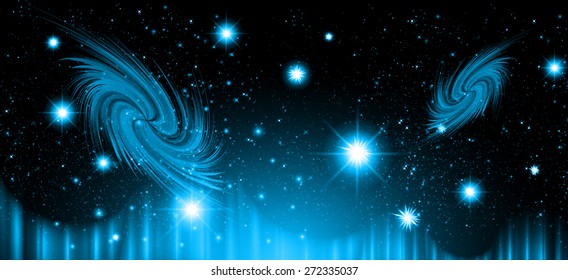 Stars of a planet and galaxy in a free space. meteor, meteorite, fire on dark orange green blue background. Universe.