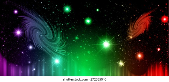 Stars of a planet and galaxy in a free space. meteor, meteorite, fire on dark orange green purple green red  background. Universe.