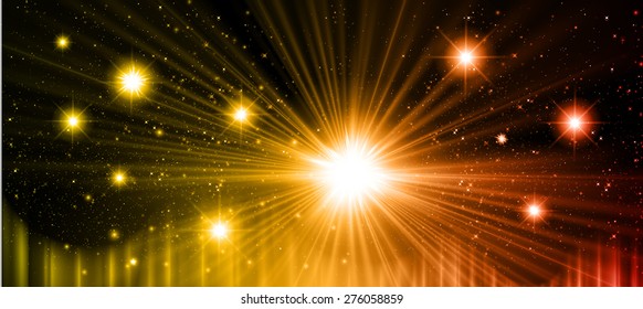Stars of a planet and galaxy in a free space. meteor, meteorite, fire on dark orange yellow background. Universe. beam