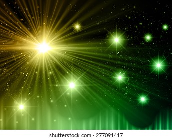 Stars of a planet and galaxy in a free space. dark yellow green background.