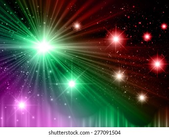 Stars of a planet and galaxy in a free space. dark Purple green red background.