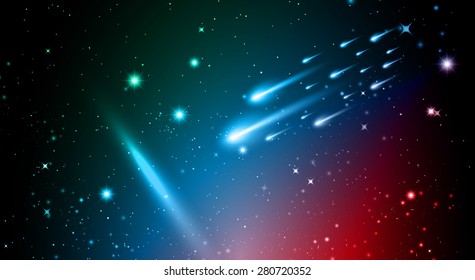 Stars of a planet and galaxy in a free space. meteor, meteorite. dark green blue red background.