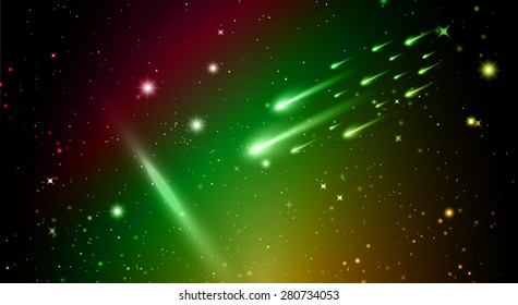 Stars of a planet and galaxy in a free space. meteor, meteorite. dark pink green orange background.