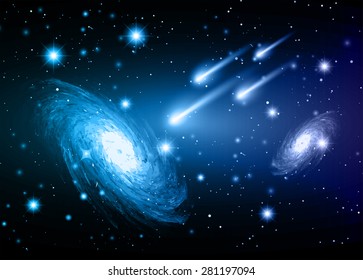 Stars Of A Planet And Galaxy In A Free Space. Meteor, Meteorite. Dark Blue Background.