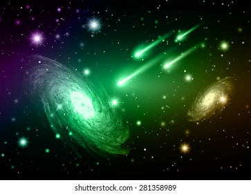 Stars of a planet and galaxy in a free space. meteor, meteorite. dark purple green brown background.