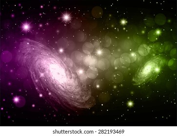 Stars of a planet and galaxy in a free space. Dark purple green Defocused Light, Flickering Lights, Vector abstract festive background with bokeh defocused lights. universe, galaxies