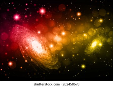 Stars of a planet and galaxy in a free space. Dark pink orange yellow Defocused Light, Flickering Lights, Vector abstract festive background with bokeh defocused lights. universe, galaxies