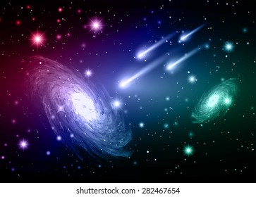 Stars of a planet and galaxy in a free space. meteor, meteorite. dark red blue green background.