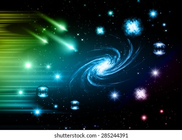 stars of a planet and galaxy in a free space. Dark blue pink green Defocused Light, Flickering Lights, Vector abstract festive background with bokeh defocused lights. universe, galaxies