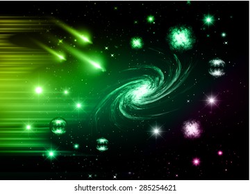 stars of a planet and galaxy in a free space. Dark yellow green purple Defocused Light, Flickering Lights, Vector abstract festive background with bokeh defocused lights. universe, galaxies