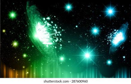 Stars of a planet and galaxy in a free space. meteor, meteorite.dark green blue green orange background. Milky Way. Spark