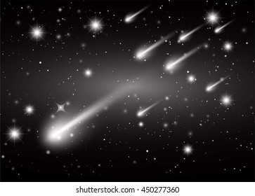 Stars of a planet and galaxy in a free space. meteor, meteorite. dark black background.