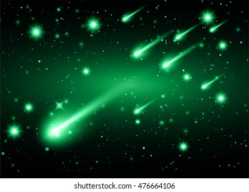 Stars of a planet and galaxy in a free space. meteor, meteorite. dark green background.