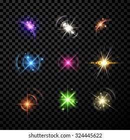 Stars and planet set isolated on black background. Vector Illustration.