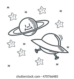 stars planet ufo space sketch icon. Black white isolated design. Vector illustration