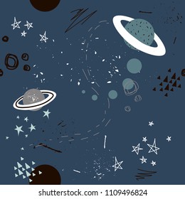 Stars, planets, constellations, seamless pattern vector. Hand drawn backdrop, night sky. Colorful overlapping background, outer space. Decorative wallpaper, good for printing for observatory
