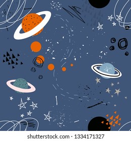 Stars, planets, constellations, seamless pattern vector. Hand drawn backdrop, night sky. Colorful overlapping background, outer space. Decorative wallpaper, good for printing for observatory