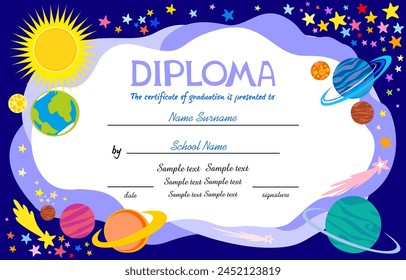 Сosmos with stars and planets. Education preschool concept. Certificate kids diploma, kindergarten template layout space background.Template for Certificate kids diploma. Appreciation certificate.