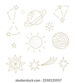 Estrellas y Planetas Golden Line Set. Colección de símbolos celestiales dibujados a mano con cometa de contorno, constelación, sol, Elementos de diseño decorativos del espacio exterior