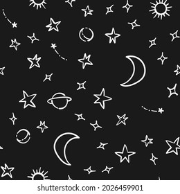 Estrellas, planetas y lunas, patrón sin fisuras. Doodles de elementos del cielo dibujados a mano. Textura de fondo. El espacio, el universo y el cosmos.