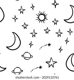 Stars, planets and moons seamless pattern. Hand drawn sky element doodles. Background texture. Space, universe and cosmos.